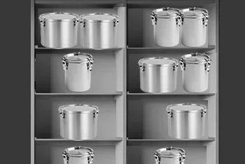 A Large Shelf Unit with Numerous Stain-Less Steel Containers