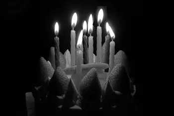 A birthday cake with eight burning candles